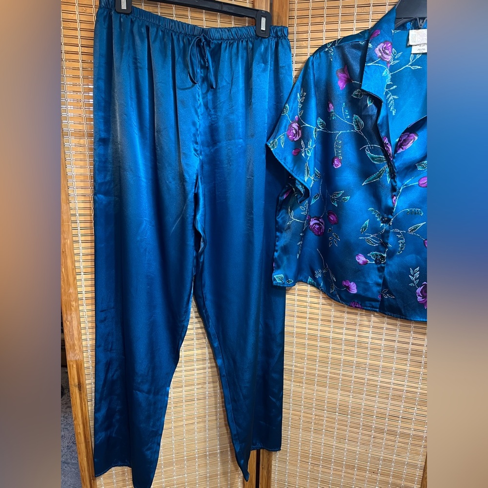 VTG California Dynasty Teal Blue Silky Floral Pajamas Set Women’s Sz Large